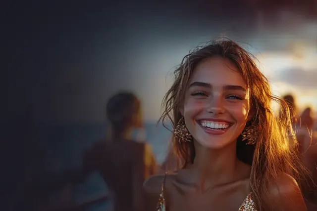 Lucky Vibe Casino player smiling at a beach party, ready to play anywhere in Australia
