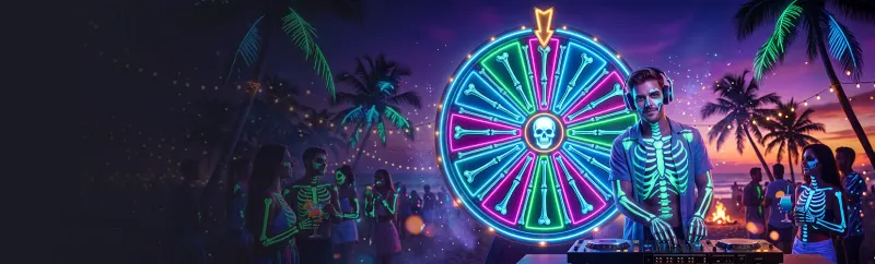 Casino Lucky Vibe Bone Wheel: a neon wheel with a skeleton DJ