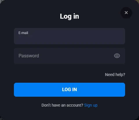 Desktop Log in window of Lucky Vibe with e-mail, password and the Need help? link Desktop Log in window of Lucky Vibe with e-mail, password and the Need help? link