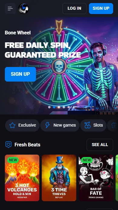 LuckyVibe Casino on a phone: mobile lobby with Bone Wheel and new slots