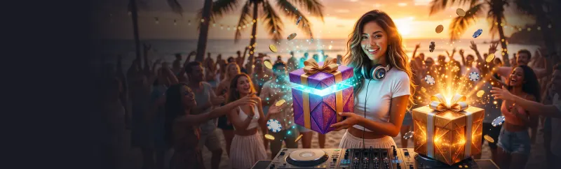Bonuses at Lucky Vibe Casino: a DJ with glowing gift boxes