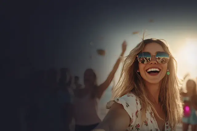 Casino Lucky Vibe sunset party artwork with a laughing player